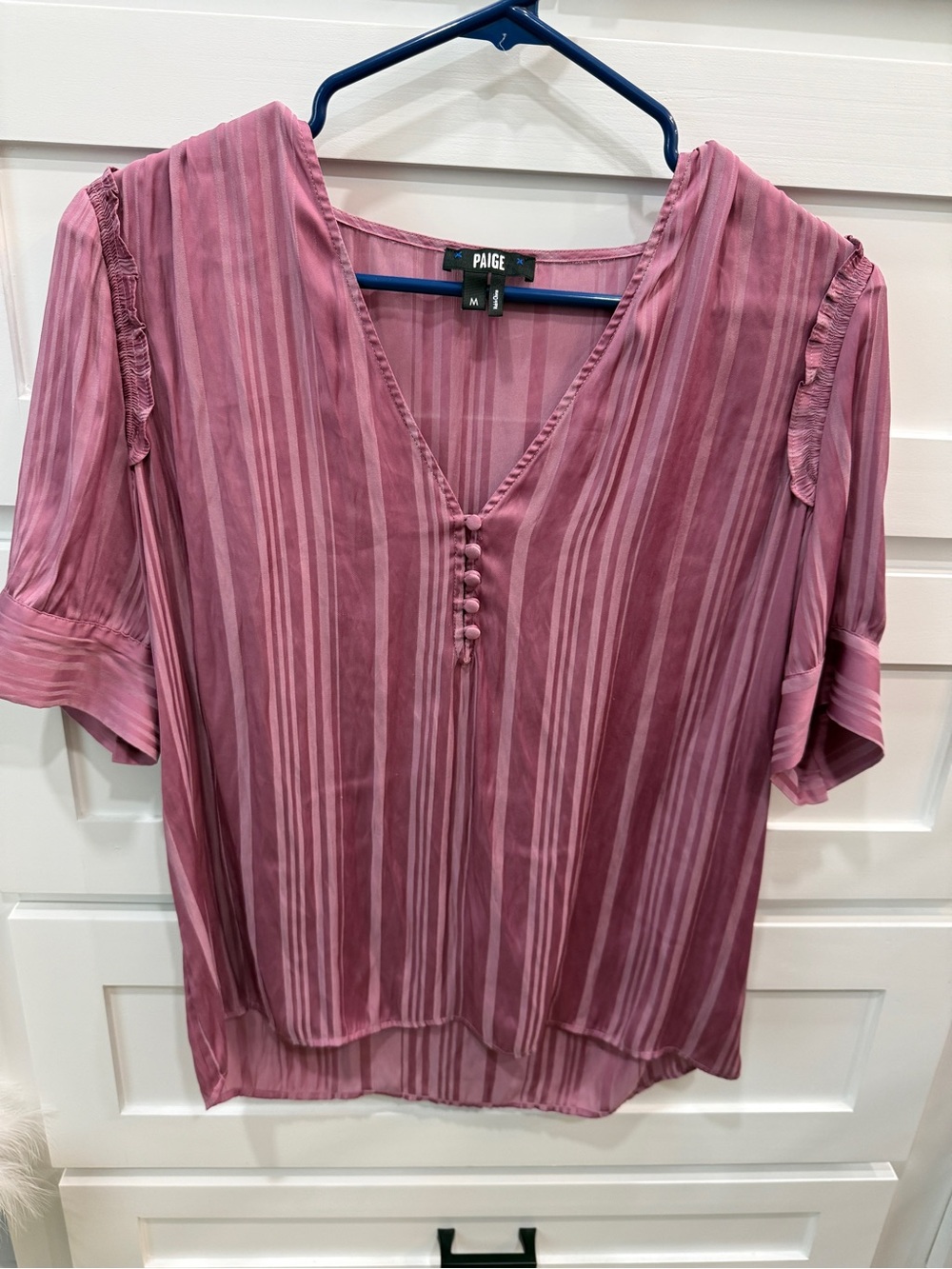 PAIGE Dusty Rose Vertical-Stripe V-Neck Blouse